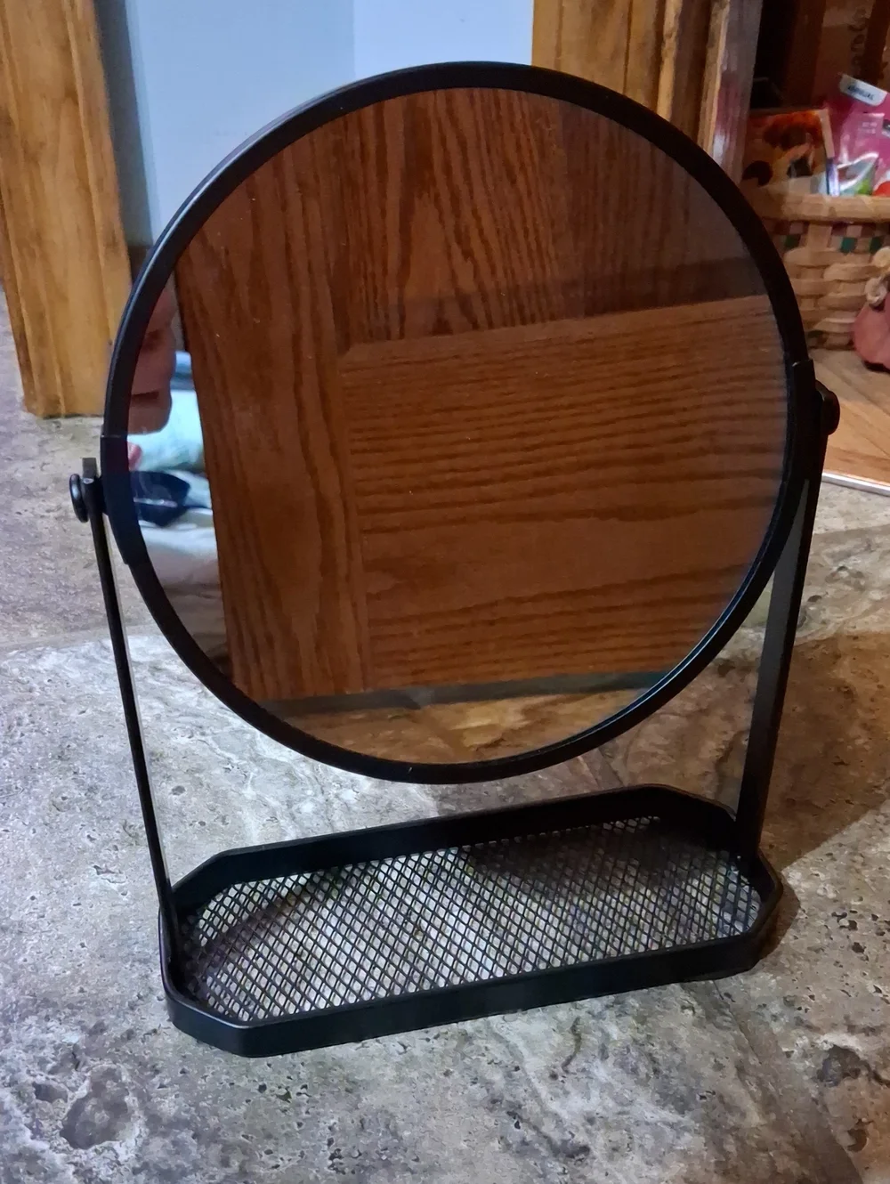 Round Black Metal Table Mirror with Mesh Tray